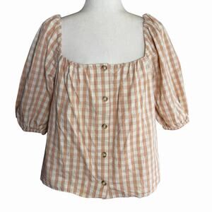 NWT Faherty Cali Check Puff Sleeve Beige Gingham Organic Cotton Top M Bohemian